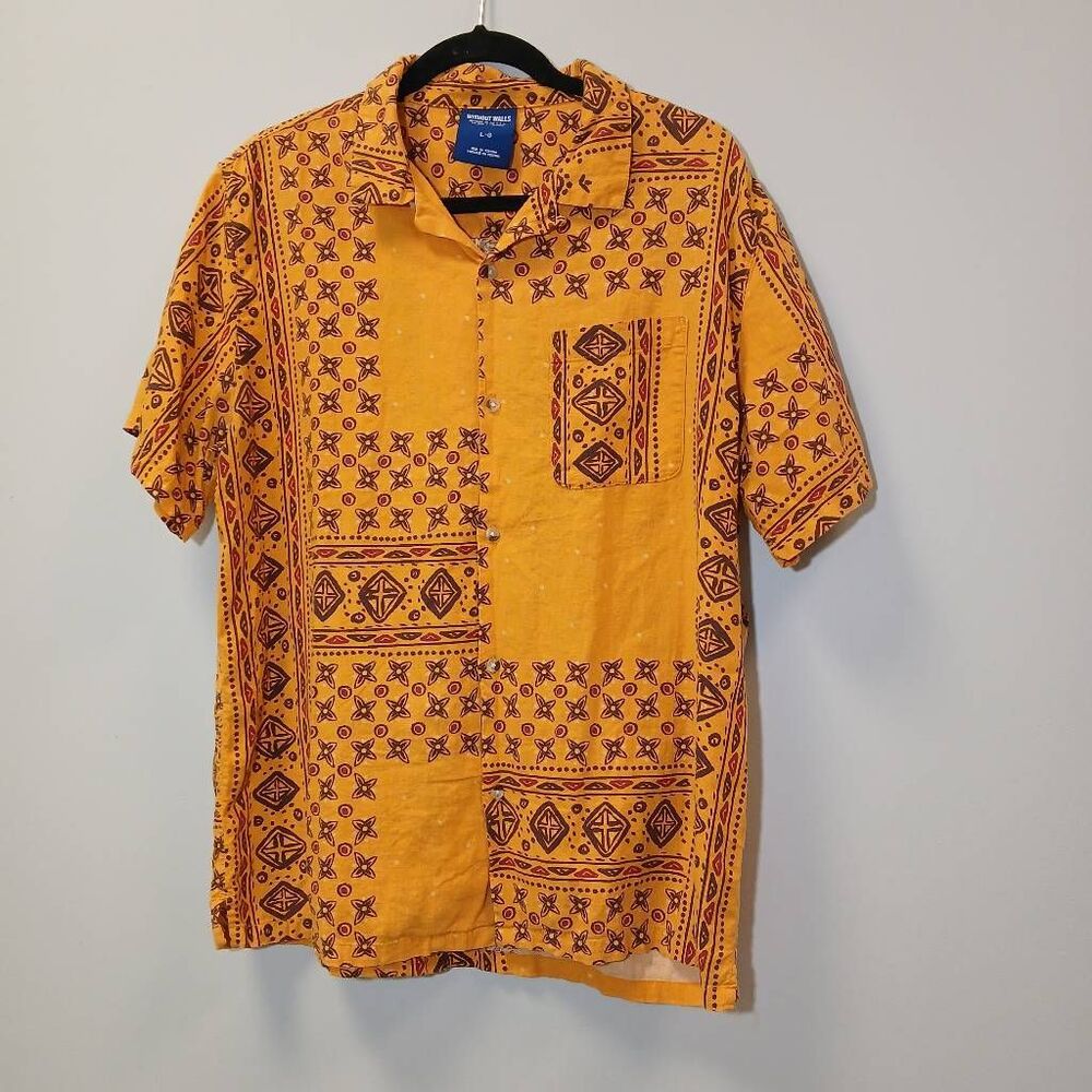 Without walls mens large linen cotton shirt Southwestern mustard yellow Aztec